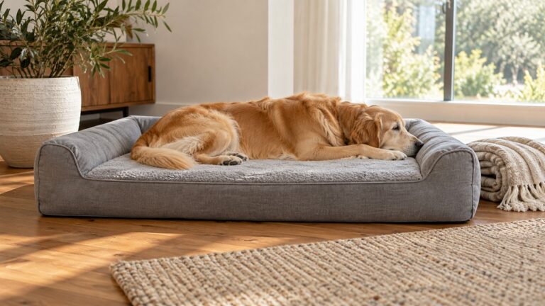 A large grey orthopedic dog bed on a wood floor, with a large dog lying on it in profile and a folded blanket beside the bed.
