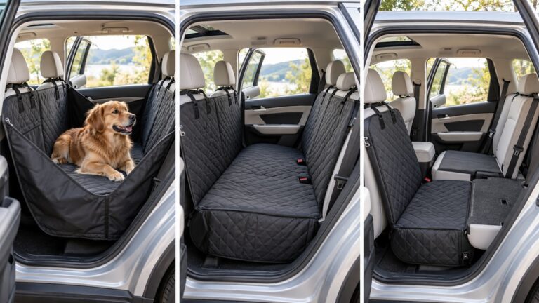 Three back-seat pet cover configurations displayed in a bright car interior with a calm dog.