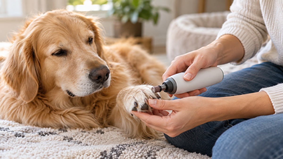 A close-up of hands holding a small quiet nail grinder near a calm dog paw with good light.