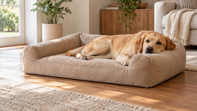 A large tan bolster memory foam dog bed on a wood floor with a Labrador resting with head on the bolster.