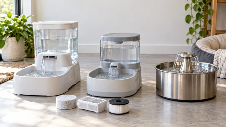 Three unbranded automatic pet fountains with visible reservoirs bowls and filters in a bright home.