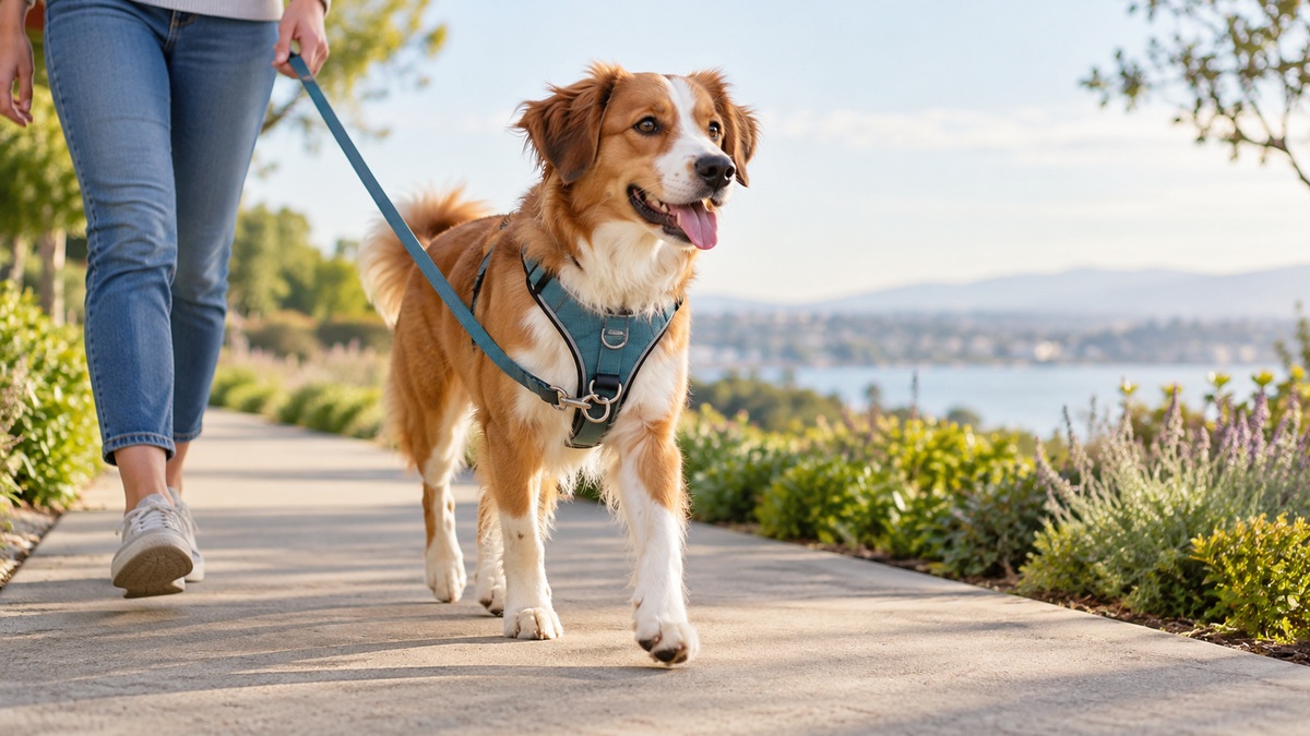 A medium dog wearing a front-clip no-pull harness on a sidewalk walk, chest strap visible.