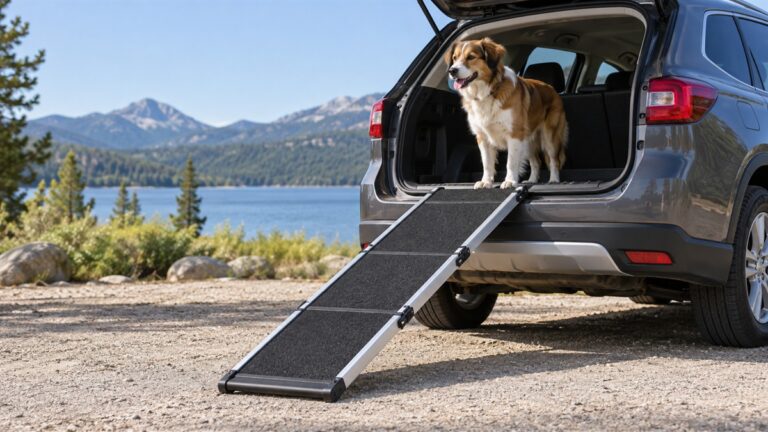 A folding aluminum dog ramp with a black non-slip surface leaning against an SUV tailgate, with a medium dog standing at the top.
