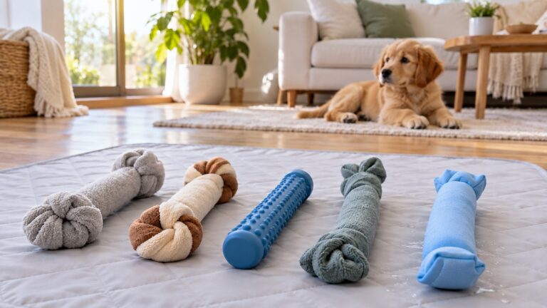 Several cooling teething stick toys are arranged on a mat near a puppy.