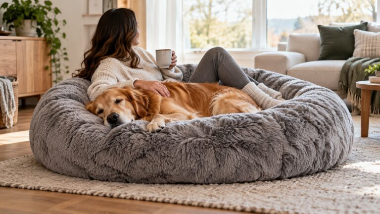 A person and large dog sharing an oversized gray faux-fur human dog bed on a living room floor in daylight.
