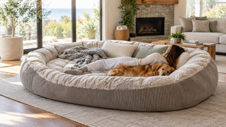 An oversized plush human-size dog bed shared by a reclining adult and a dog.
