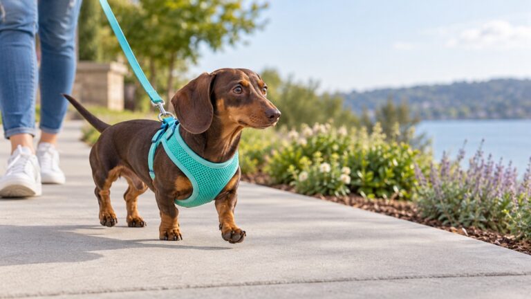 A miniature dachshund wearing a soft turquoise mesh vest harness on a sidewalk walk.