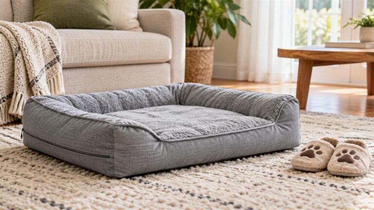 A grey washable dog bed with a zip-off cover lying on a living room rug, next to a pair of dog slippers.