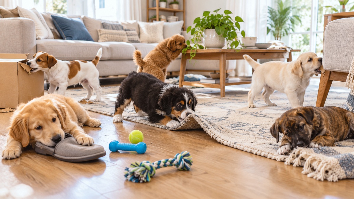 Six puppies investigate household objects while chew toys lie nearby in a bright room.