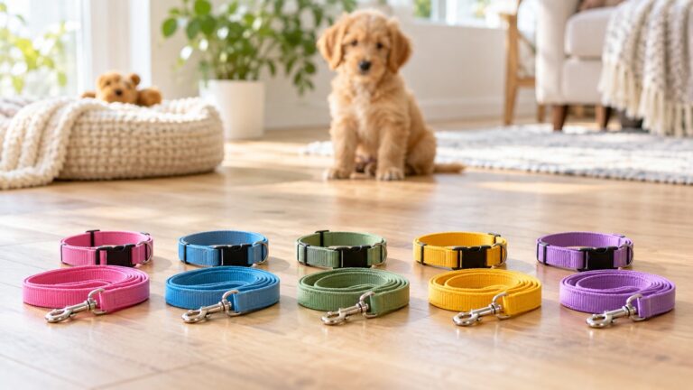 A row of small colorful puppy collars and matching leashes laid out on a light wooden floor, with a small puppy sitting behind them.