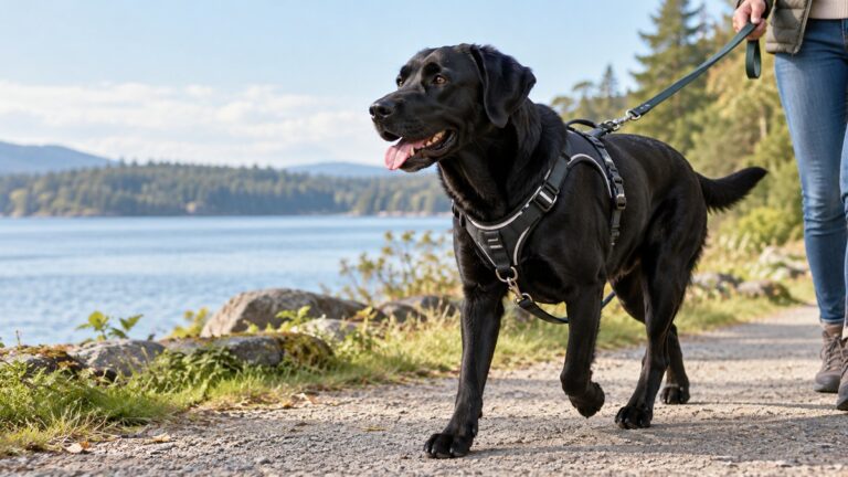 A large black dog wearing a padded no-pull harness with front and back clips on a daytime walk.
