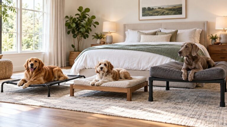 Several raised dog beds are arranged beside a human bed in a bright bedroom.