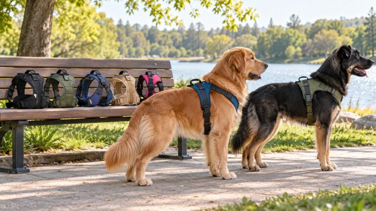 Large dogs model comfortable harness styles beside additional harnesses in a park setting.