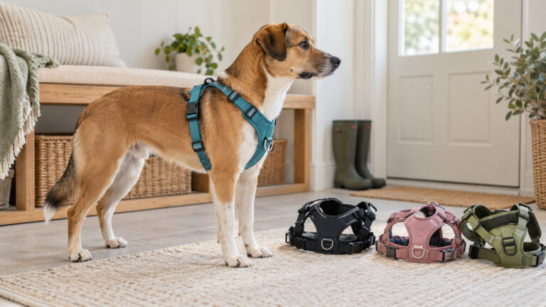 A medium dog wearing a front-clip no-pull harness beside several adjustable harness options.