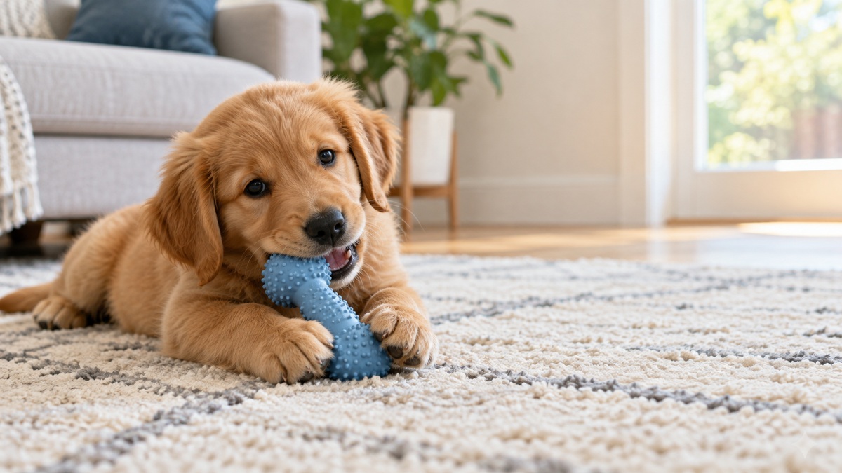 A small teething puppy chewing a soft rubber toy on a living room rug in daylight.