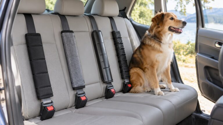 Several protective seat belt covers are fitted across a car rear seat beside a calm dog.