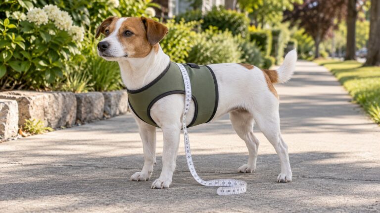 A small dog wearing a plain vest on a sidewalk, with a cloth measuring tape wrapped around its chest.
