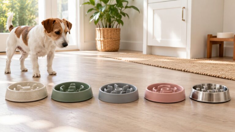 Five compact slow feeder bowls are compared near a small dog in a bright home.