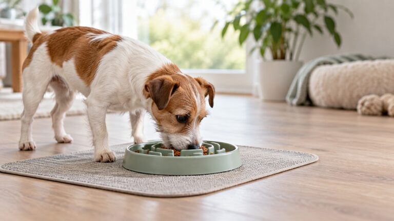 A small dog eating wet food from a shallow maze slow feeder on a mat, side view.