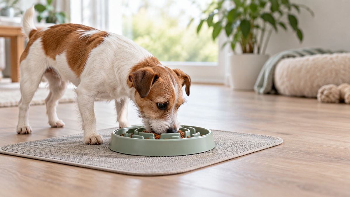 A small dog eating wet food from a shallow maze slow feeder on a mat, side view.