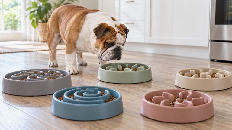 An English bulldog inspects several shallow maze-style slow feeder bowls.