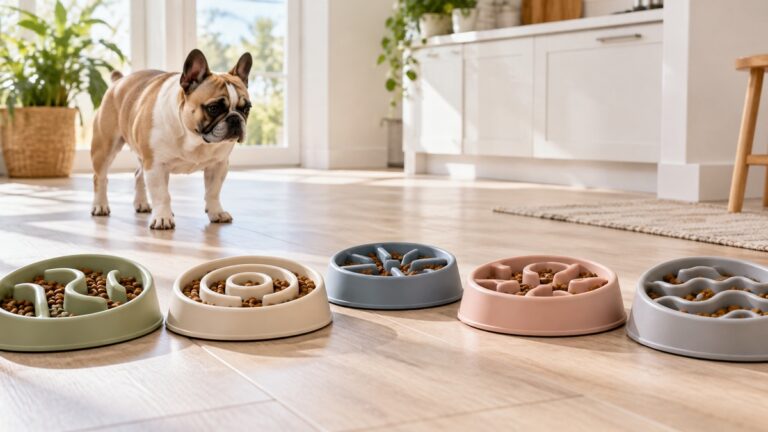 A short-snouted dog stands behind five shallow slow-feeder bowls on a bright kitchen floor.