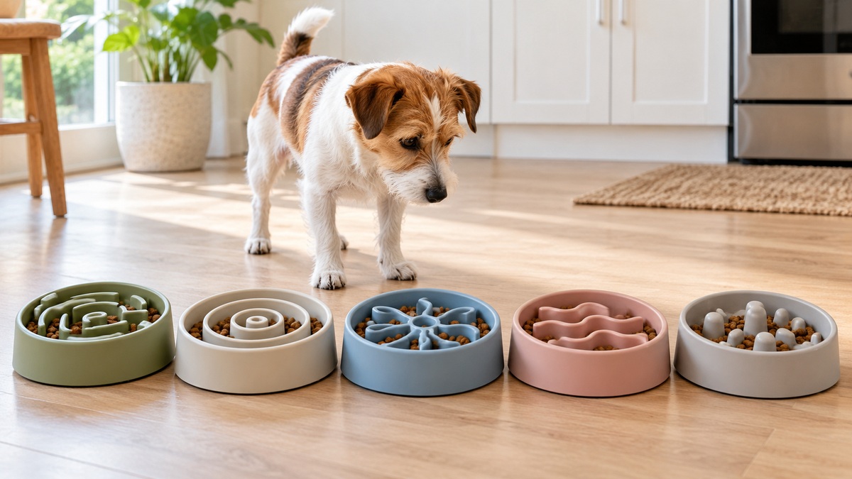 A small dog examines five compact slow-feeder bowls with varied ridge patterns.