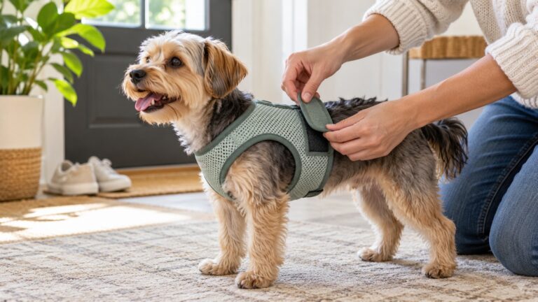 An owner checks the hook-and-loop closure on a mesh harness worn by a small dog.