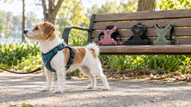 A small dog models a no-pull harness beside three harness options on a park bench.