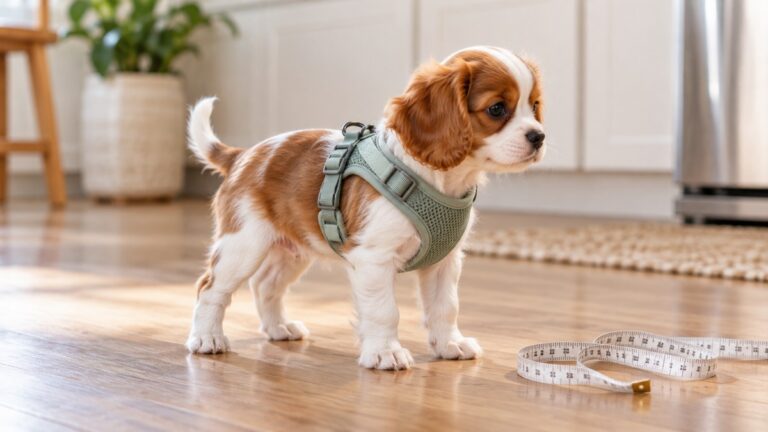 A tiny puppy standing on a kitchen floor in a soft mesh harness, with a cloth tape measure lying beside it.