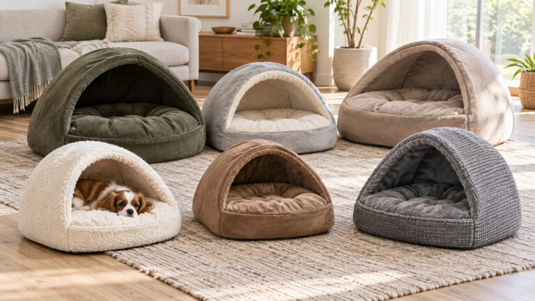 Six cozy orthopedic cave pet beds arranged in a bright living room with a small dog resting in one.