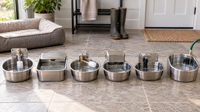 Six stainless steel automatic dog water bowls with varied float valve designs.