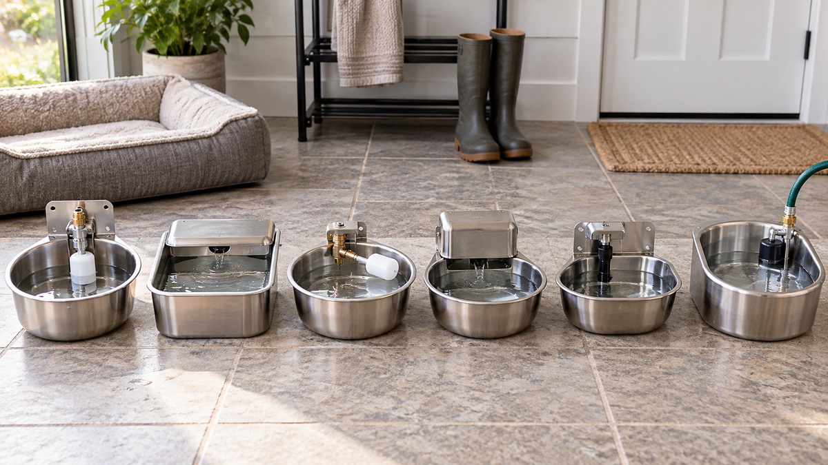 Six stainless steel automatic dog water bowls with varied float valve designs.