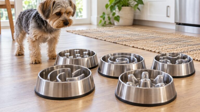 Small stainless steel slow-feeder dog bowls with varied maze patterns.