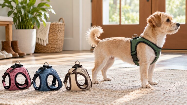 A small dog wears a fitted step-in harness beside three alternative harness styles.