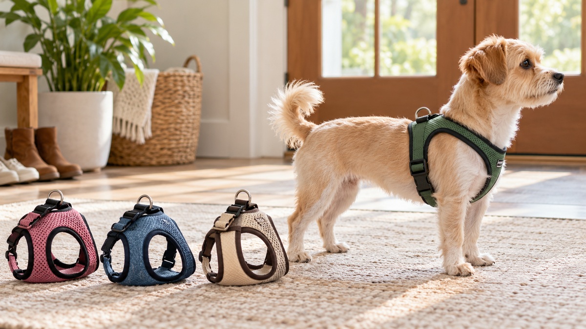 A small dog wears a fitted step-in harness beside three alternative harness styles.