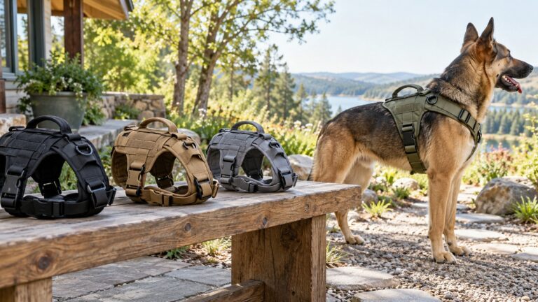 Rugged tactical dog harnesses are compared beside a large dog in a bright outdoor setting.