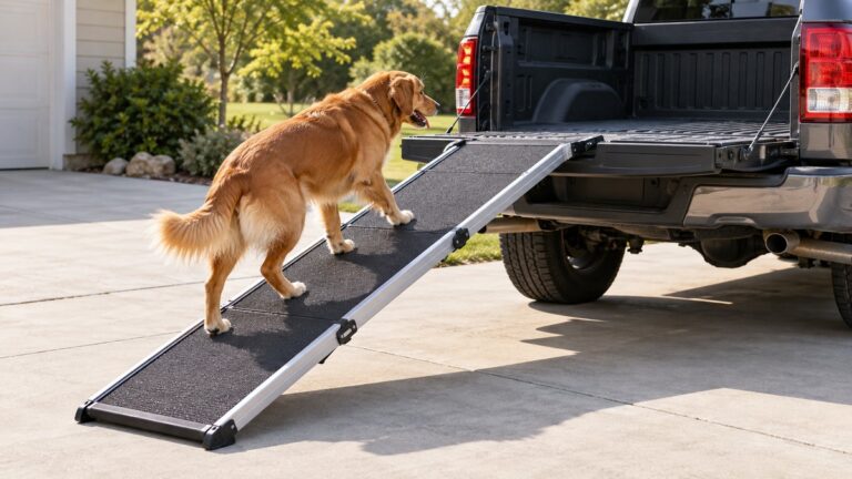 A medium-size dog walking up a folding ramp toward the open tailgate of a pickup truck, shot in daylight against a plain driveway.