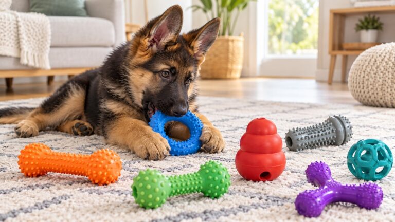 A German Shepherd puppy plays among colorful textured teething toys in a bright living room.