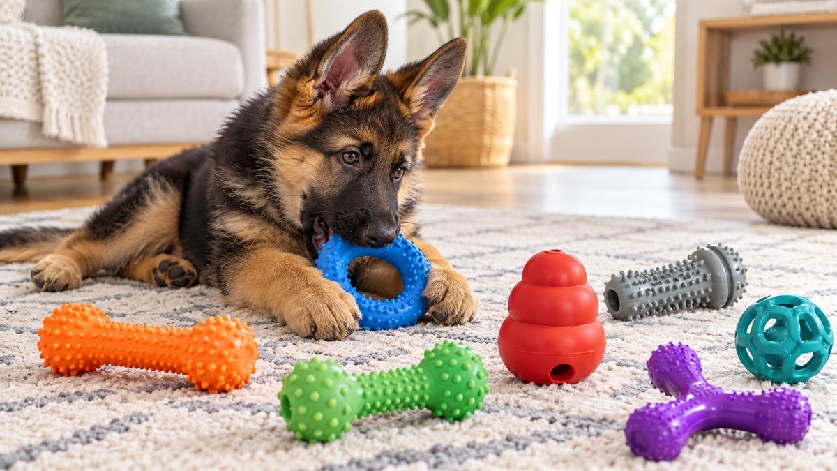 A German Shepherd puppy plays among colorful textured teething toys in a bright living room.
