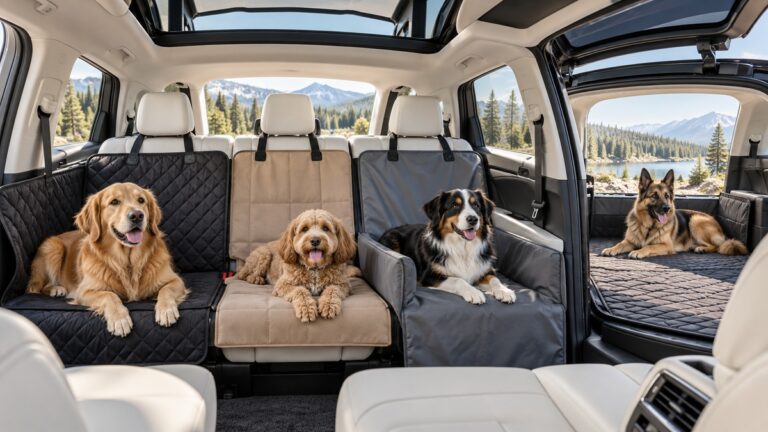 Dog seat cover styles arranged across a spacious electric SUV interior.