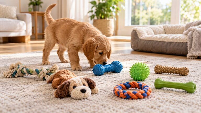 A puppy explores an assortment of textured teething toys in a sunny living room.
