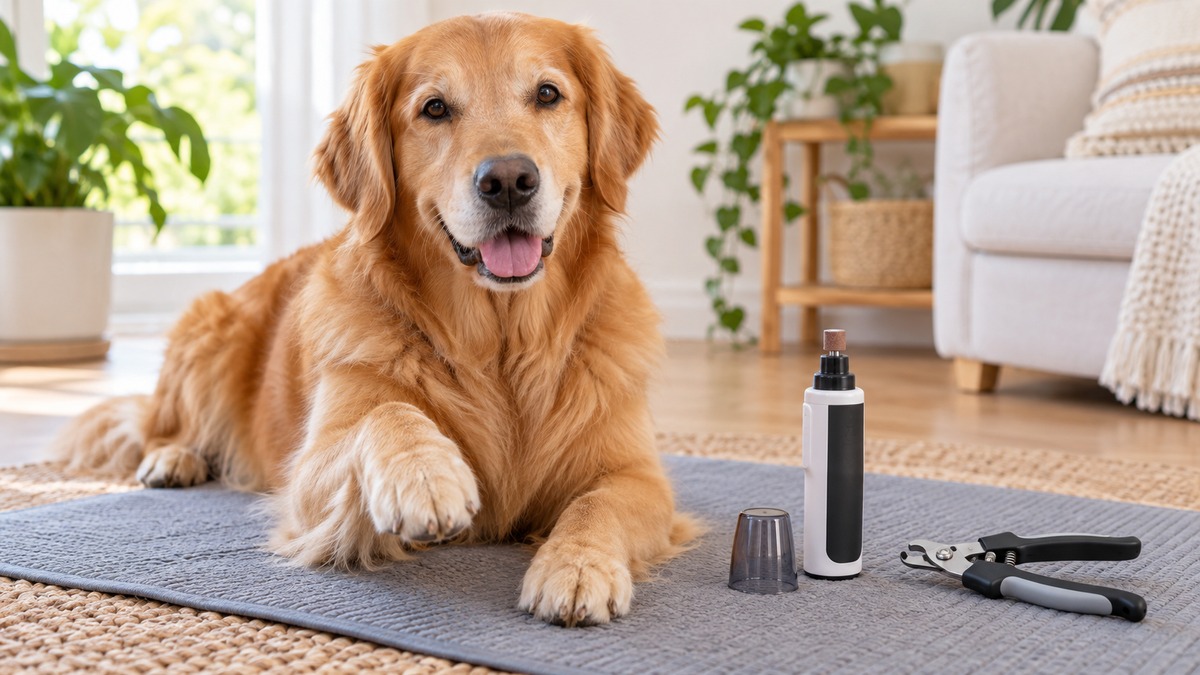 A dog rests beside a nail grinder and dog nail clippers.