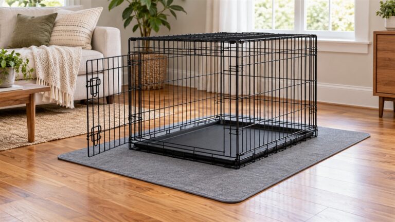 A plain grey mat laid flat under an open wire dog crate on a hardwood floor, shot in soft daylight.