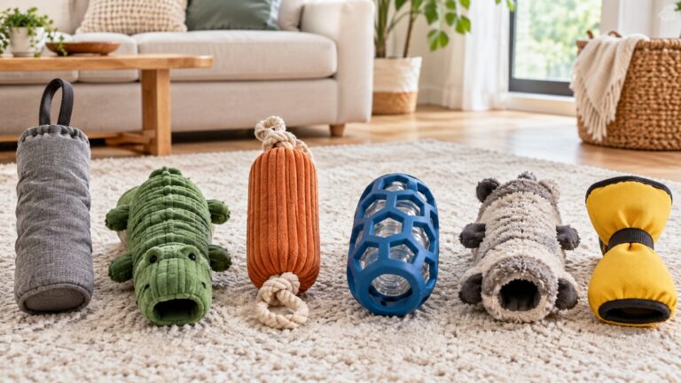 Six water bottle chew toys for dogs arranged on a bright living room rug.