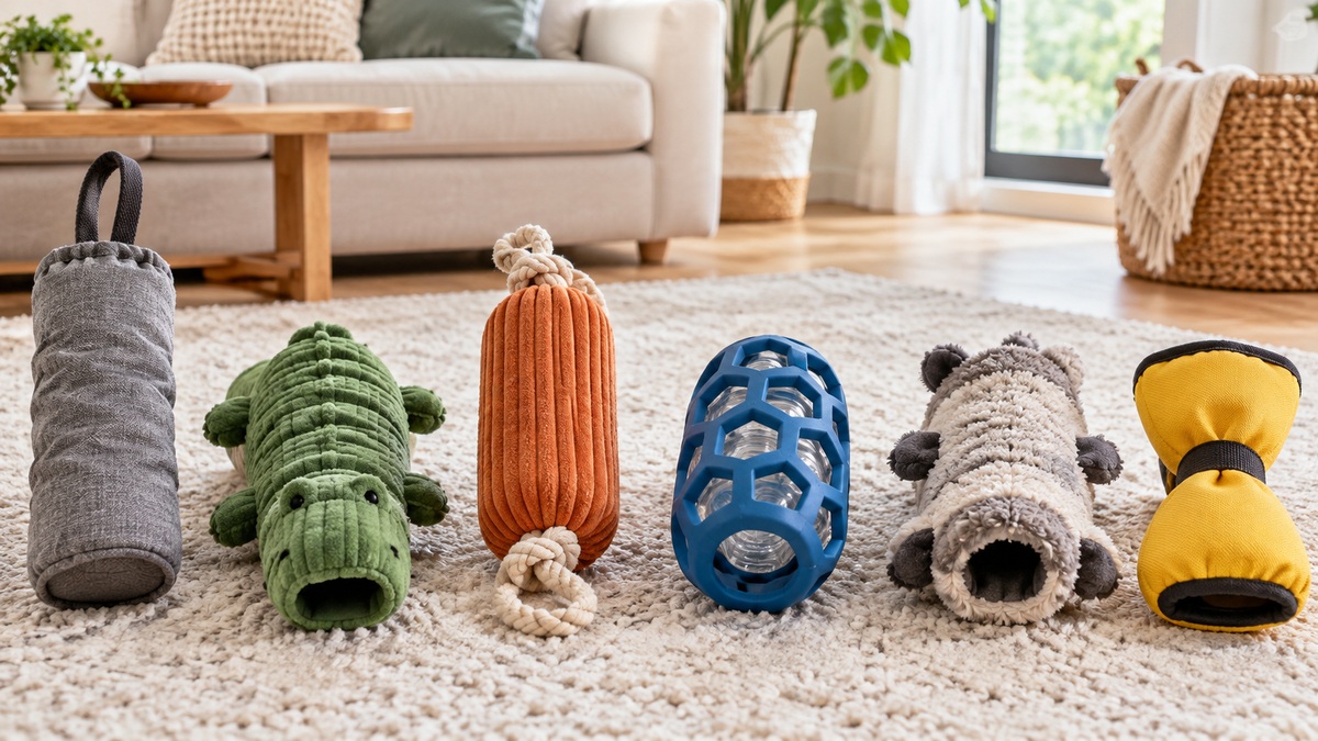 Six water bottle chew toys for dogs arranged on a bright living room rug.