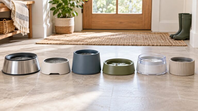 Six generic no-spill dog water bowls arranged by size in a bright home mudroom.