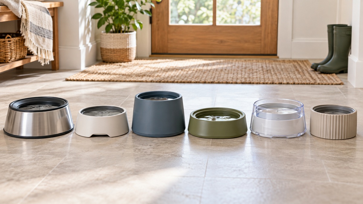 Six generic no-spill dog water bowls arranged by size in a bright home mudroom.