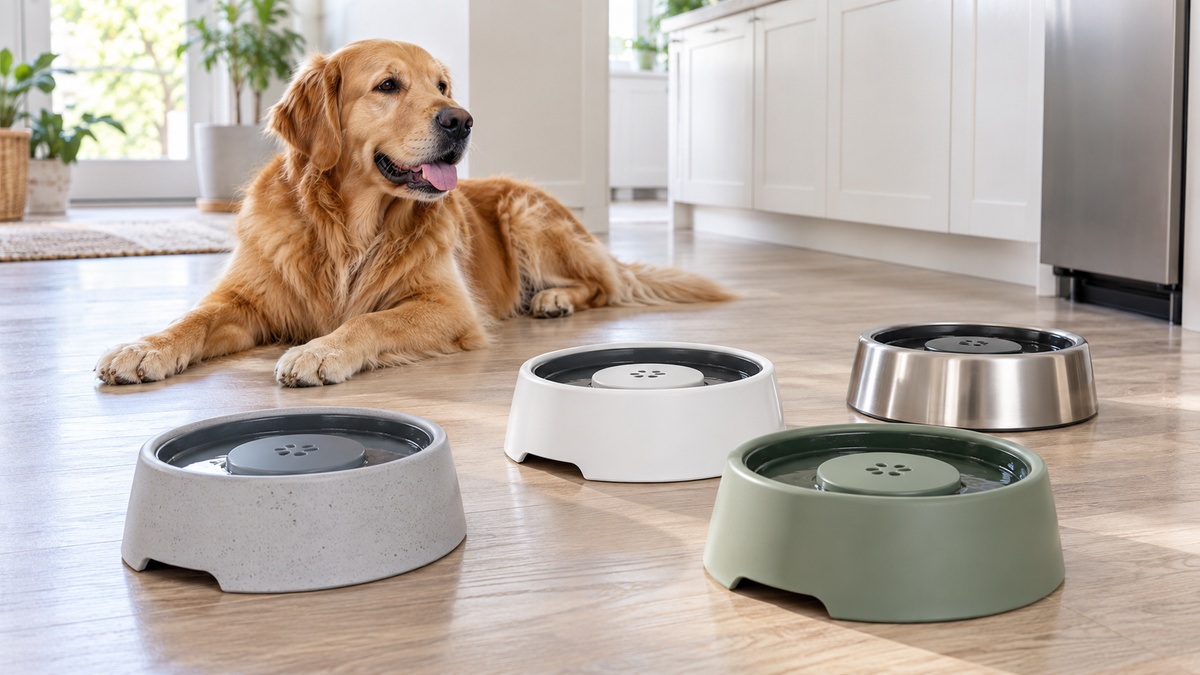 No-spill slow-drinking dog water bowls sit on an easy-clean kitchen floor.