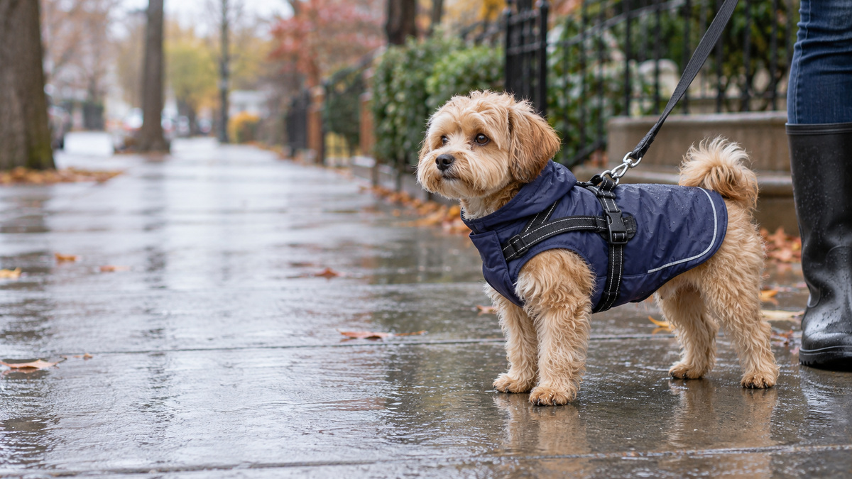 A small dog wearing a waterproof winter coat with built-in harness on a wet sidewalk.